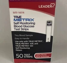 Leader True Metrix Self Monitoring Blood Glucose Test Strips Easy Handle 50 ct