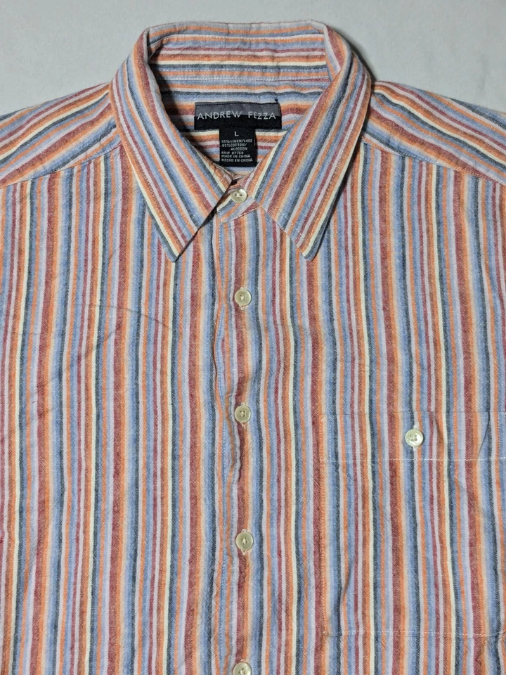 Camisa ANDREW FEZZA LINO Mezcla Hombres Grande Naranja Azul Multi Rayas S/S Abotonada Foto 4 de 4