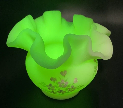 Fenton Custard Satin Uranium Ruffled Vase Hand Painted Pink Flowers Signed Curry