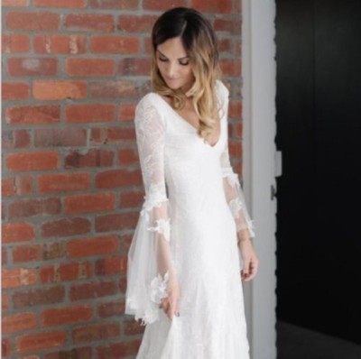 boho lace tulle maxi dress A-Line Lace Tulle Wedding Dress V-Neck Long Sleeves Boho Flowy Fairy Gown