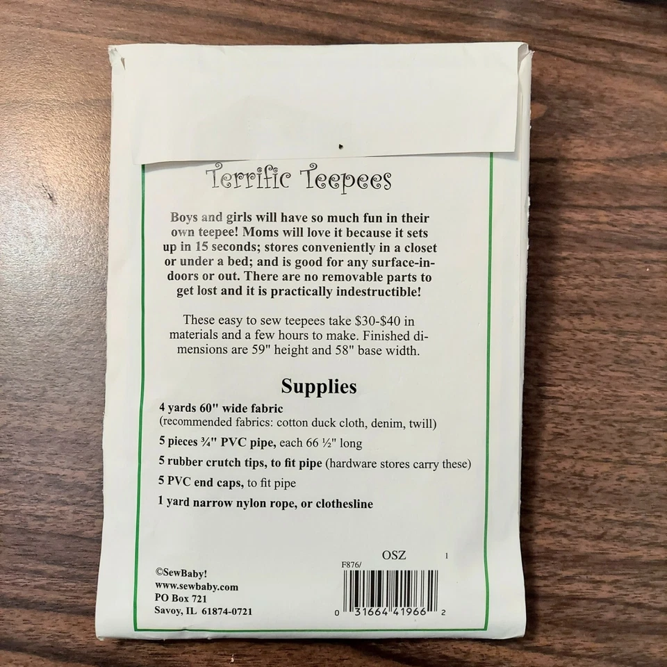 Terrific Teepee Play Tent Sew Baby F876 Sewing Pattern  - Image 2 of 2