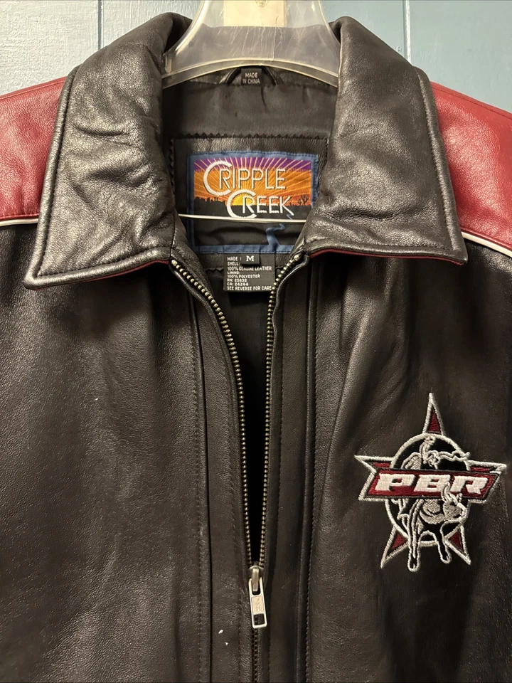 Vtg Cripple Creek PBR Leather Bomber Jacket Red Black w/ Patches Men’s Size M - Image 4 of 4