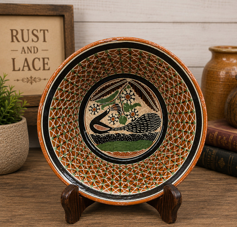 Signed Jose Bernabe Tonala Petatillo Peacock Pottery Bowl 6.75" Mexico Folk Art