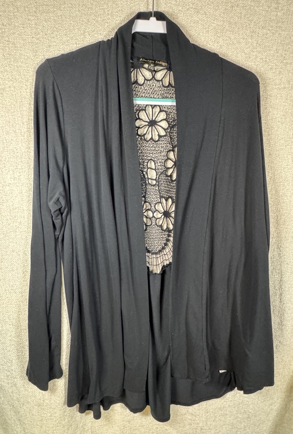 Always Indigo 3X Black Cardigan Floral Crochet Back Long Sleeve Open Front Plus