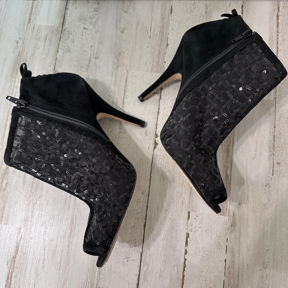 Delman Heeled Booties Peep Toe 10 Sequins Lace Zip Up Party Cocktail Sexy Black - Image 4 of 4