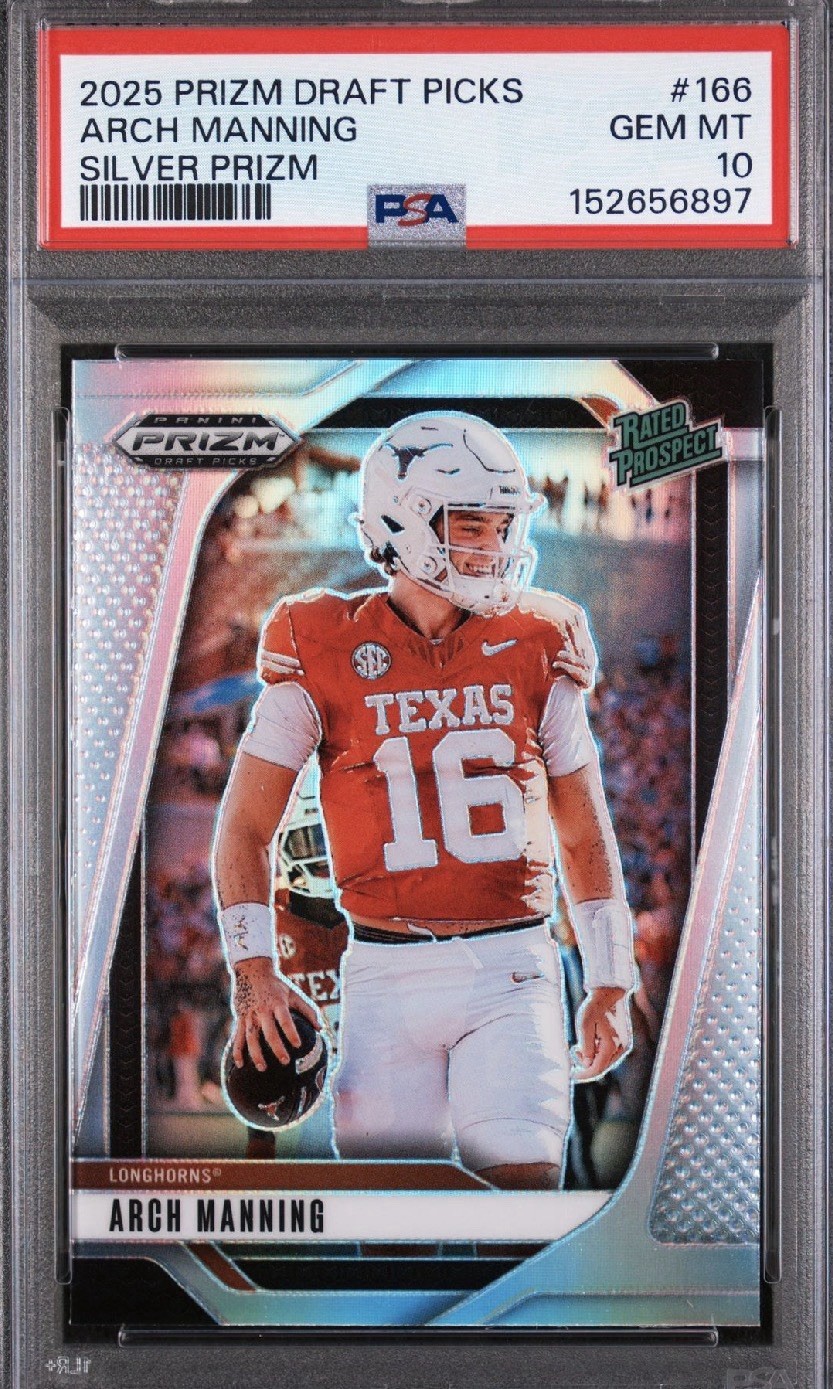 2025 Panini Prizm Draft Picks - #166 Arch Manning Silver Prizm (RC). PSA Gem 10