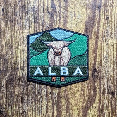 Alba Scotland Highland Cow Embroidered Patch, Iron or Sew On, Gaelic