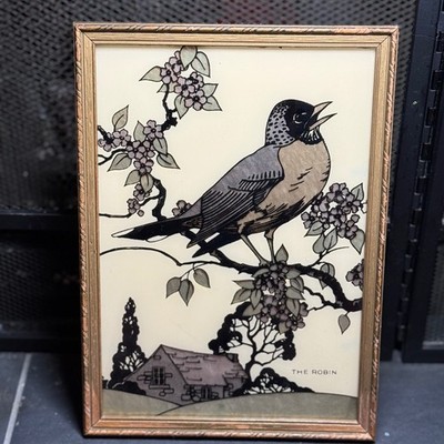 Vintage Reliance Reverse Painted Glass Art The Robin Butterfly Wing Effect Frame