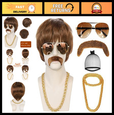 5Pcs Dark Brown Disco Wig Set for Men - 70s Rocker Costume Accessories