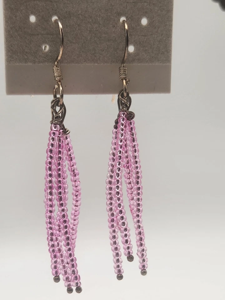 Y2K Pink Beaded Tassel Earrings Sterling Silver 925 Hooks Vintage Boho Festival - Image 3 of 4