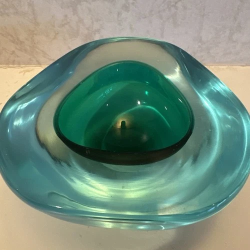 Vintage 1960s MCM Murano Glass Geode Bowl Ashtray Triangle Turquoise Green Blue