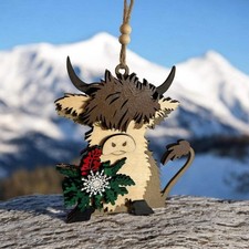 Highland Cow Brown Cow Wood Christmas Ornament Holiday Decor Mistletoe Boho Rust