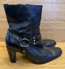 Harley Davidson Boots Women  s Sz 8 Black Leather Studded Riding Heels Buckle