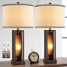 Rustic Table Lamps for Living Room Set of 2 with USB C A Ports, Brown