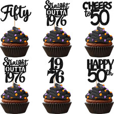 30PCS Black 50th Birthday Cupcake Toppers Glitter Fifty Happy 50th Straight Outt