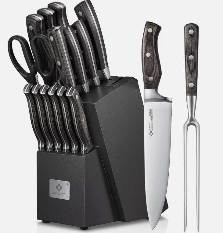 Knife Set, 15-Piece Kitchen Knife Set with Block Wooden German Stainless Steel-image