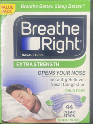 Breathe Right Nasal Strips Extra Strength, 44 Clear Strips Box Sensitive Skin