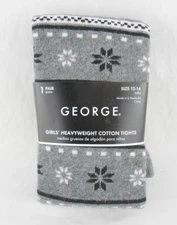 George Girls Gray Snowflake Stripe Heavyweight Cotton Tights Size 12-14 New