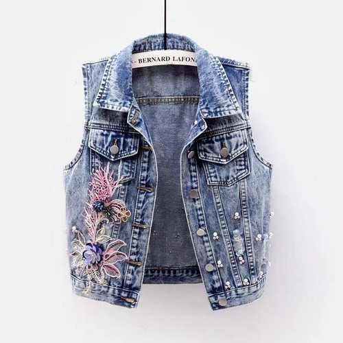Lady Denim Jacket Bead Flower Short Jean Jacket Sleeveless Vest Waistcoat Casual - Picture 12 of 12