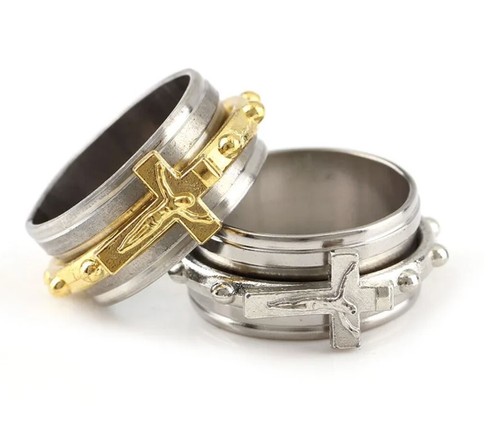 10mm STAINLESS STEEL silver and gold Crucifix Cross Ring with rotating decade - Picture 2 of 3