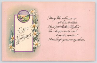 Easter Greetings~White Daisies Beside Sign~Windmill Scene~Pink Bkgd~PM 1929 PC