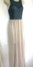 NWoT -LOVPOSH - Blue/Beige Poly Sleeveless Skirt Lining Sheer Maxi -Size- L 