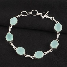 Aqua Chalcedony Gemstone 925 Sterling Silver Handmade Jewelry Bracelet Gift For