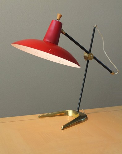 SUPER! ITALIENISCHE UNTERTASSENLAMPE MID CENTURY! ATOMIC MCM ROT MESSING SCHREIBTISCH ARTELUCE VTG