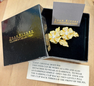 Joan Rivers Crystal Duet Convertible Brooch Clip Earrings, 3'', Orig Box J24525