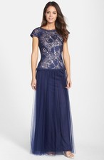 NWOT nude, navy petal Tadashi Shoji Soutache Tulle Cap Sleeve Gown size 12