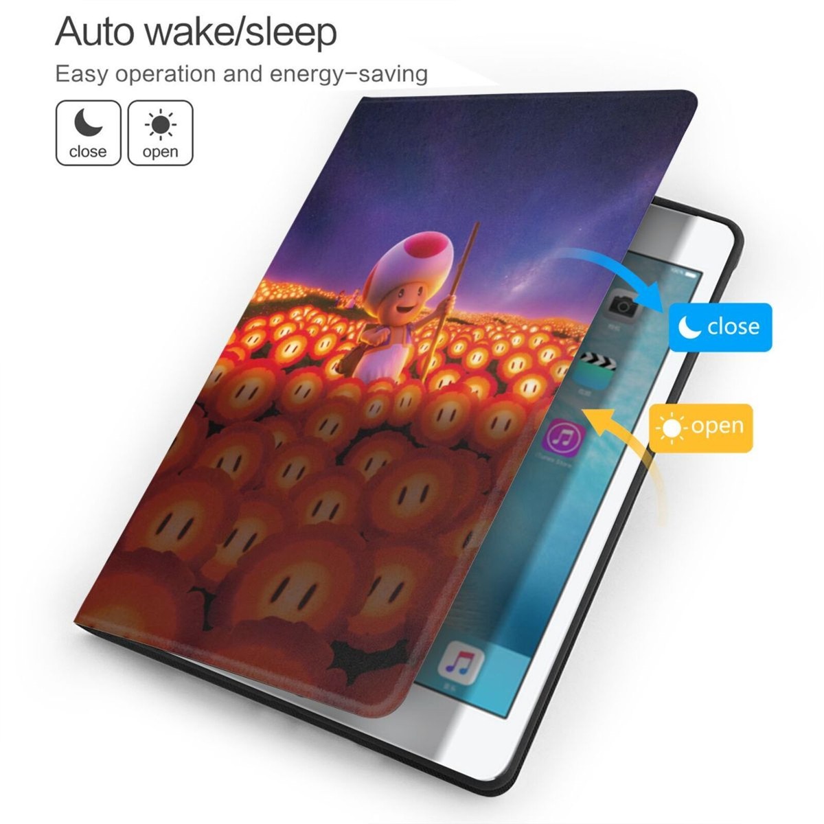Super Mario Movie Auto Wake/Sleep Cover Stand Smart Case for iPad