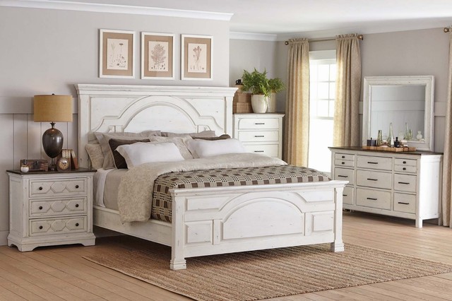 Rustic 4 Pc White Wood Queen Bed Nightstand Dresser Mirror Bedroom