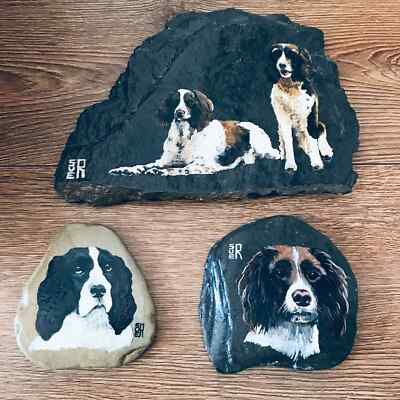 Sue Randall Mutual Art X3 Rock Gemälde SUER signiert Hund Spaniel Dekor