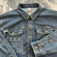 Duluth Trading Flex Trucker Denim Jacket Men 2XL Blue Pckts Elbow Pad Barn Chore