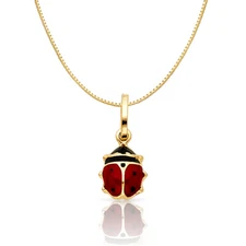 14K Yellow Gold Lady Bug Enamel Lucky Charm Pendant & 0.8mm Box Chain Necklace