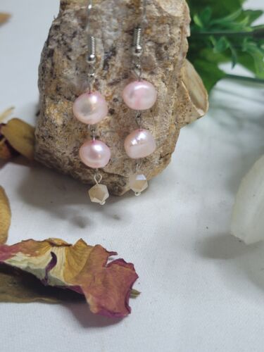 Cultured  Pink Baroque Pearl Earrings 925 Ear Drop Dangle Wedding With Crystal  - Afbeelding 1 van 13