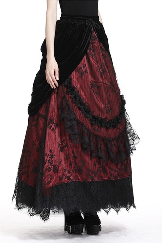 DARK IN LOVE Romantic Gothic Black Red Velvet Lace Long Party Steampunk Skirt - Picture 13 of 23