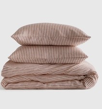 QUINCE EUROPEAN LINEN KING CAL KING DUVET COVER SET TERRACOTTA WHITE STRIPE NEW