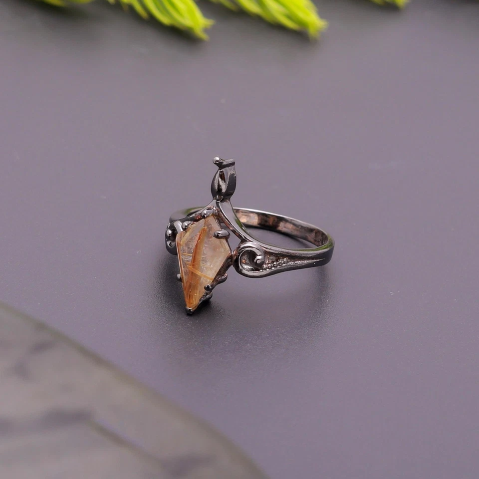 Anillo Cometa Rutilo Dorado Natural Plata de Ley 925 Negro Oxidado Joyería Boho Foto 3 de 4