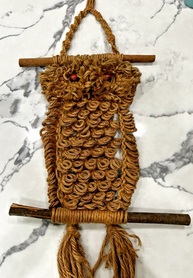 vintage 1970 Jute Macrame Owl Brown Large Wall Hanging  Rustic Boho Retro 34 