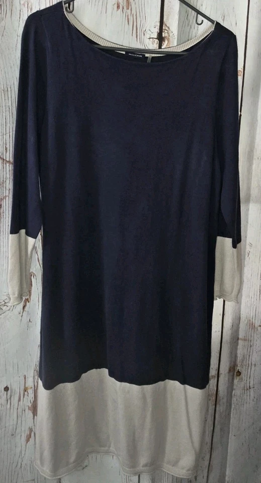 Magaschoni 女式羊绒连衣裙 L 码毛衣换色块海军蓝象牙色秋季 — 第 2/4 张图片