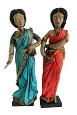 2X VTG Indian Hindu Cloth Doll Traditional Dress Hand Painted Jewelry Accent
