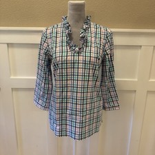 NWT Talbots Plaid Gingham Ruffle Tunic Blouse Size:6P Cotton V Neck MSRP:$89.5