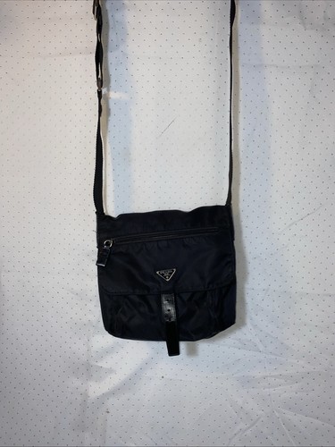 PRADA Crossbody Bag Nylon Black Leather Flap Shoulder Purse Authentic Read*