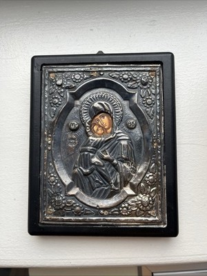Orthodox Greek Byzantine 950 Silver Hand Painted Icon. 6 ''X 4 7/8''