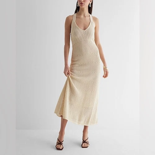 OFF WHITE Maxi abito copricostume Express all'uncinetto scollo a V girocollo schiena bianco sporco donna grande