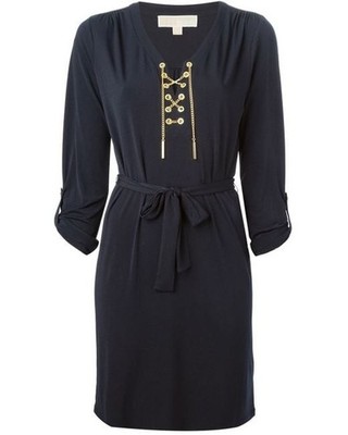 Michael Kors Women's Navy Gold Chain A-Line Dress Plus Size 2X Long Sleeve