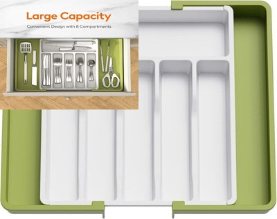 Cutlery Drawer Organiser, Expandable Utensil Tray for Green&white 