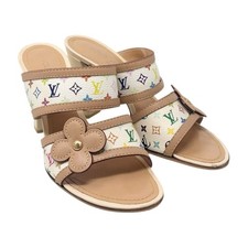 LOUIS VUITTON Vintage Monogram Multicolor Flower Sandals Heels 37 White 902261