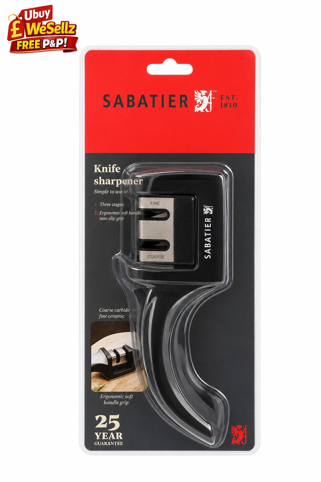 Sabatier Knife Sharpener Coarse Fine Grinder Ergonomic Soft Grip New Sealed